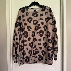 Leopard Print Long Sleeve Women's Pullover Top - Taupe/Black